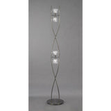 The Iku 4 Light Floor Lamp - Satin Nickel features a twisting metal frame with four vertically arranged glass bulb holders, showcasing a modern design.