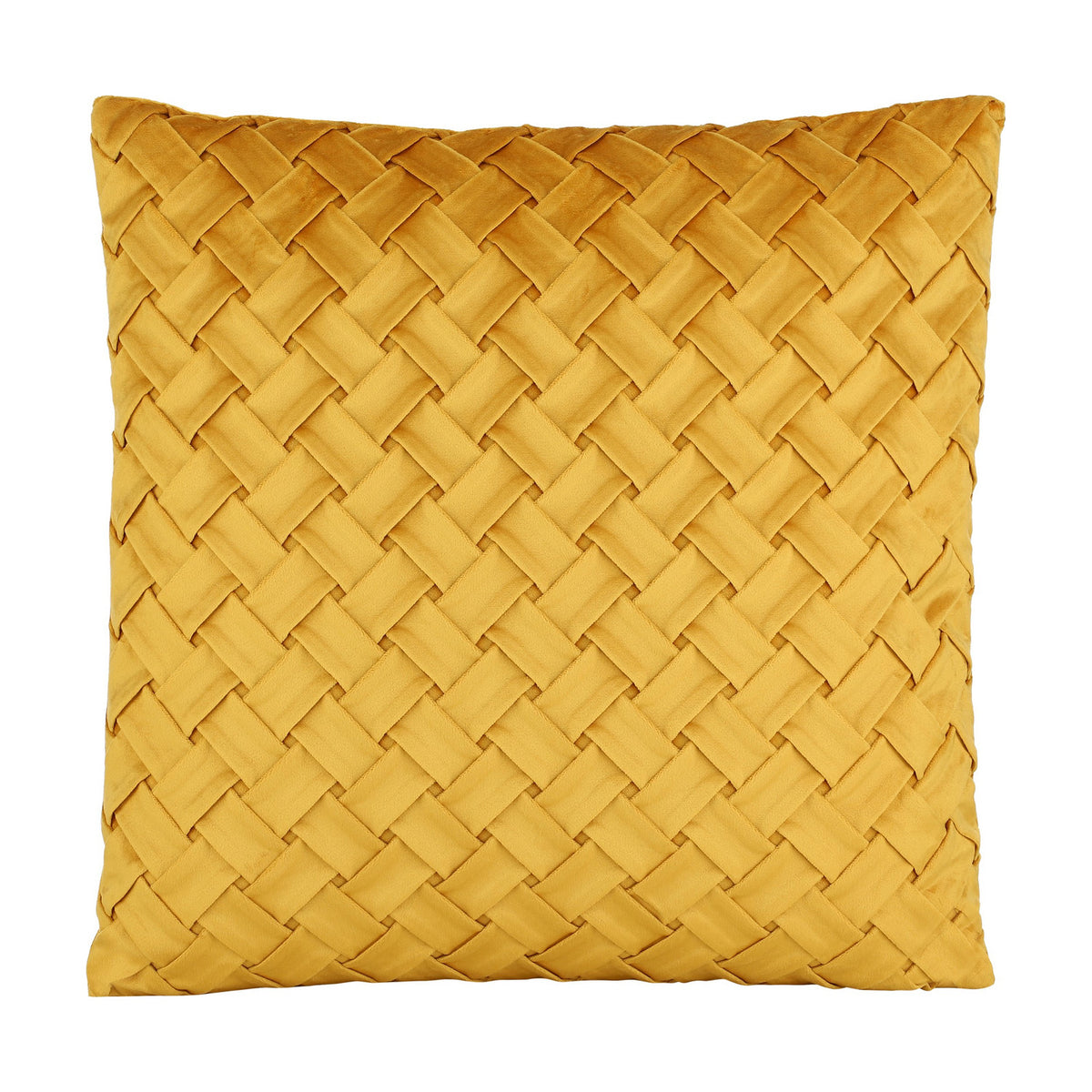 Iles Cushion in mustard yellow, a square cushion with a diagonal basketweave front of folded fabric strips in soft velvet-look polyester, shown on a plain white background.