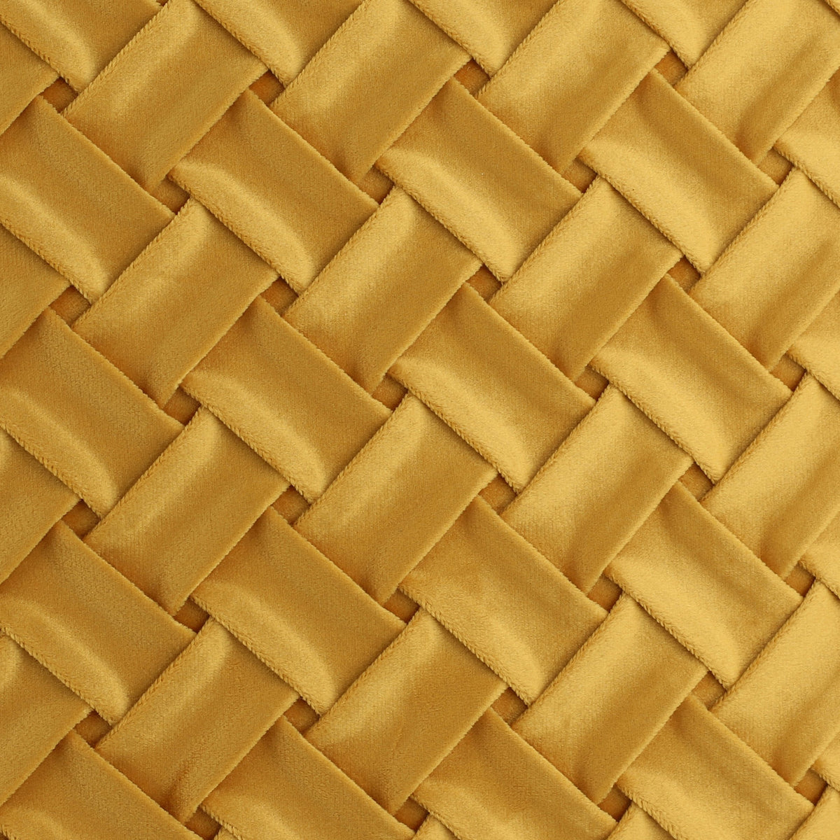 Iles Cushion in deep ochre yellow, close-up of the woven front panel with diagonal fabric strips folded into a basketweave pattern with a soft sheen.