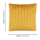 Iles Cushion in ochre yellow, square with a diagonal basketweave pattern of folded fabric strips, shown with dimensions 45 x 45 cm on a white background.