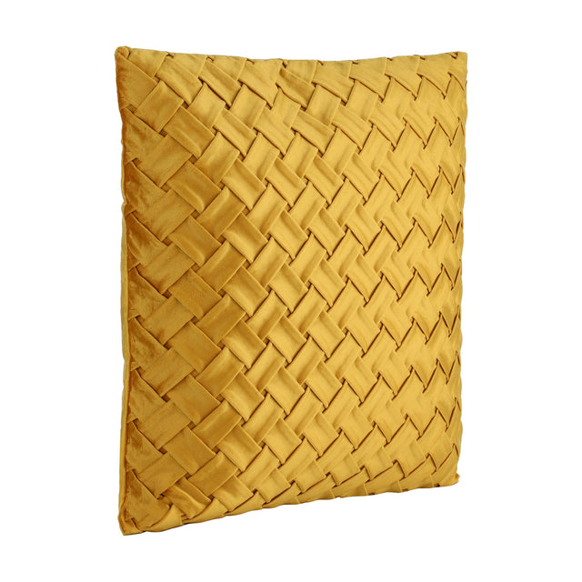 Iles Cushion in deep ochre yellow, a square cushion with a diagonal basketweave front panel of folded fabric strips, shown against a plain white background.