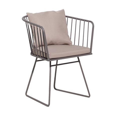 Illa aluminium garden dining armchair with rounded slim-rod back and arms, sled-style steel legs, and beige seat cushion with matching back cushion on a white background.