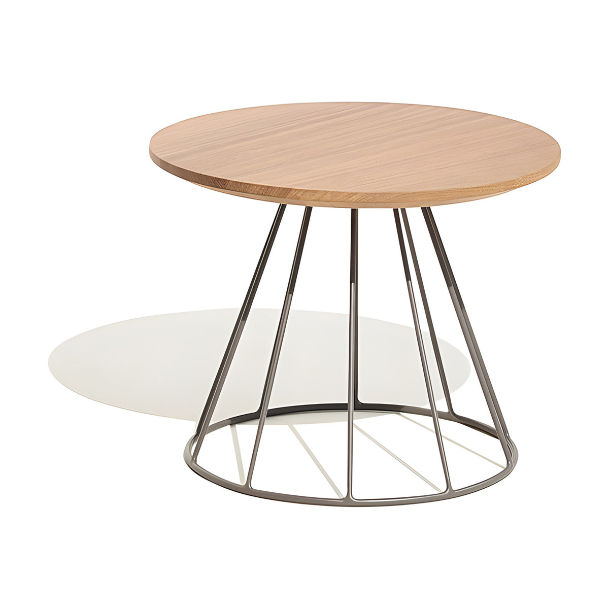 Illa round garden side table, Ø60cm, with a wood-effect round top on a cone-shaped aluminium rod frame with an open ring base, shown on a plain white background.