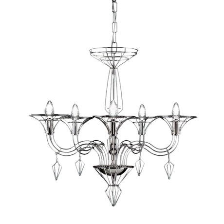 Dedalo 5 Light Chandelier in chrome metal with five scrolled wire arms, cup lamp holders, and hanging crystal-effect drops, shown on a plain white background.