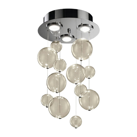 Bolero 3 Light Glass Bubble Chandelier with a round chrome ceiling plate and clustered clear glass globes in varying sizes, shown on a plain white background.