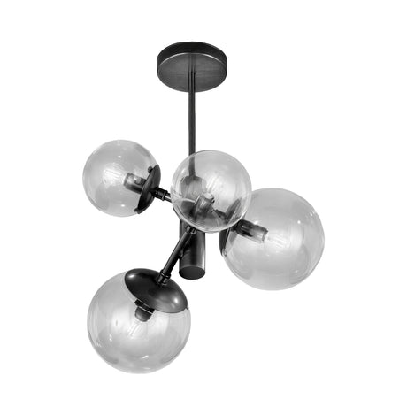Global 4 Light Bubble Chandelier with four clear acrylic globes in mixed sizes on a black metal frame, ceiling mounted, shown on a plain white background.