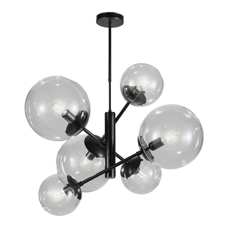 Global 6 Light Bubble Chandelier with clear acrylic globes in varied sizes on a matte black metal frame, E27 bulbs visible, shown on a plain white background.