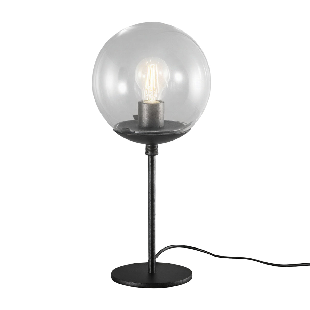 Global Globe Table Lamp - 30cm with a clear acrylic globe shade on a slender black metal stem and round base, E27 bulb visible, plain white background.