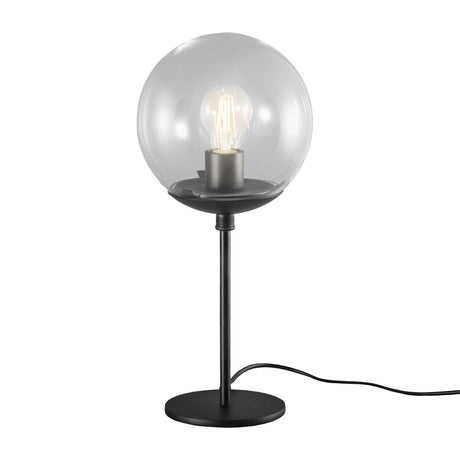 Global Globe Table Lamp - 30cm with a clear acrylic globe shade on a slender black metal stem and round base, E27 bulb visible, plain white background.