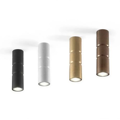 Turbo Cylinder Ceiling Light 40cm shown in black, white, gold, and bronze metal finishes, each a flush cylindrical fitting with a single GU10 lamp, on a white background.