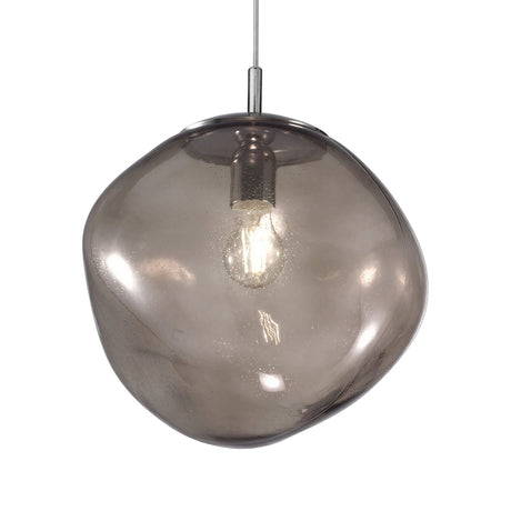 Saxa Glass Pendant Light - 35cm, a single-light fitting with an organic, irregular smoked grey blown glass shade and chrome ceiling mount, shown with visible E27 bulb on a plain white background.