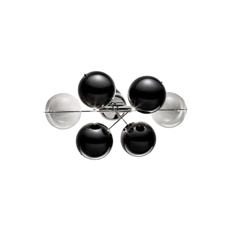 Atom 2 Light Glass Globe Wall Light in chrome, featuring six glass globe shades in black and clear tones on a slim metal frame, shown against a plain white background.