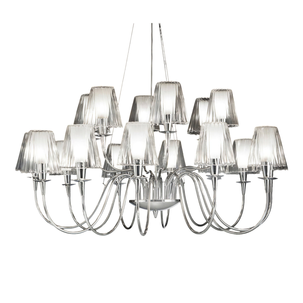 Opera 15 Light Chandelier with chrome metal frame and 15 pleated glass-look diffuser shades on curved arms, shown on a plain white background.