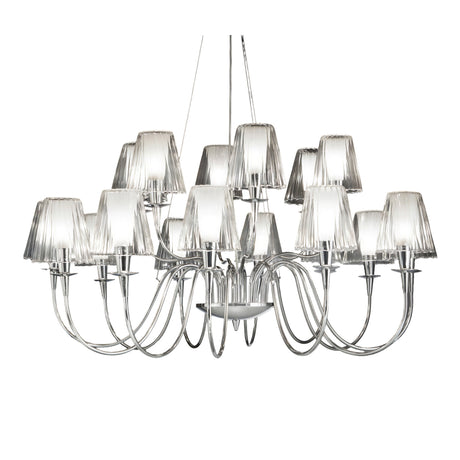 Opera 15 Light Chandelier with chrome metal frame and 15 pleated glass-look diffuser shades on curved arms, shown on a plain white background.