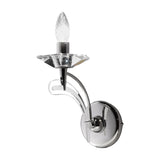 Icaro 1 Light Glass Wall Light in chrome finish with curved metal arm, crystal-effect glass drip pan and candle-style E14 bulb, shown on a plain white background.