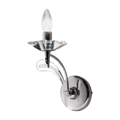 Icaro 1 Light Glass Wall Light in chrome finish with curved metal arm, crystal-effect glass drip pan and candle-style E14 bulb, shown on a plain white background.