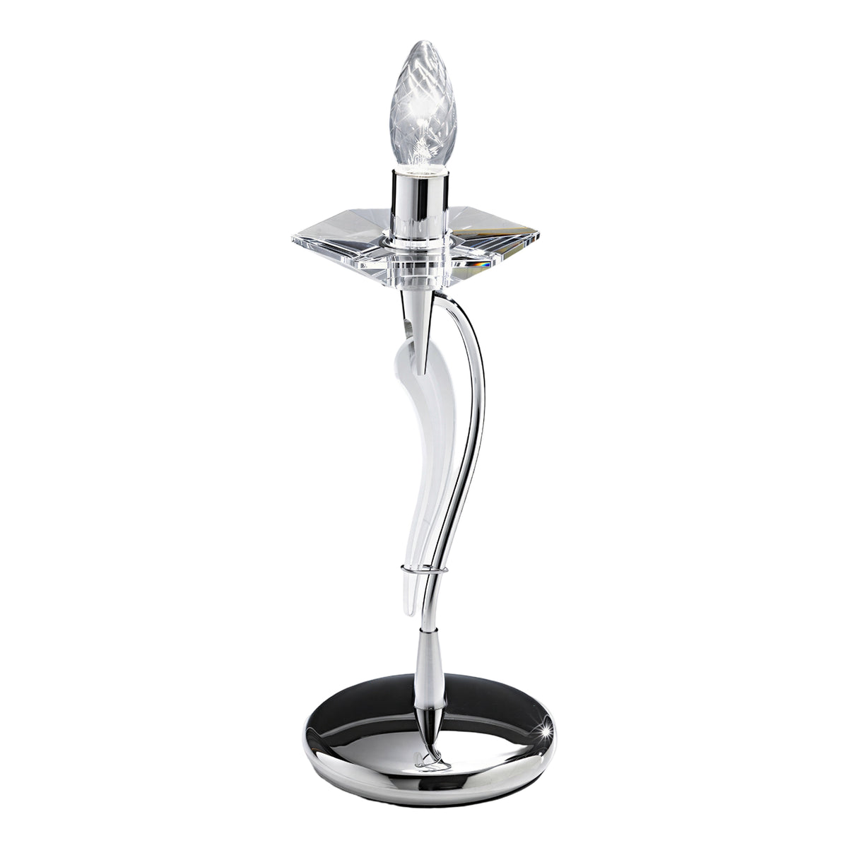 Icaro 1 Light Glass Table Lamp with a curved chrome metal base, crystal-effect glass diffuser, and E14 candle bulb, set on a round mirrored base against a plain white background.