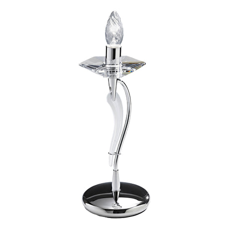 Icaro 1 Light Glass Table Lamp with a curved chrome metal base, crystal-effect glass diffuser, and E14 candle bulb, set on a round mirrored base against a plain white background.