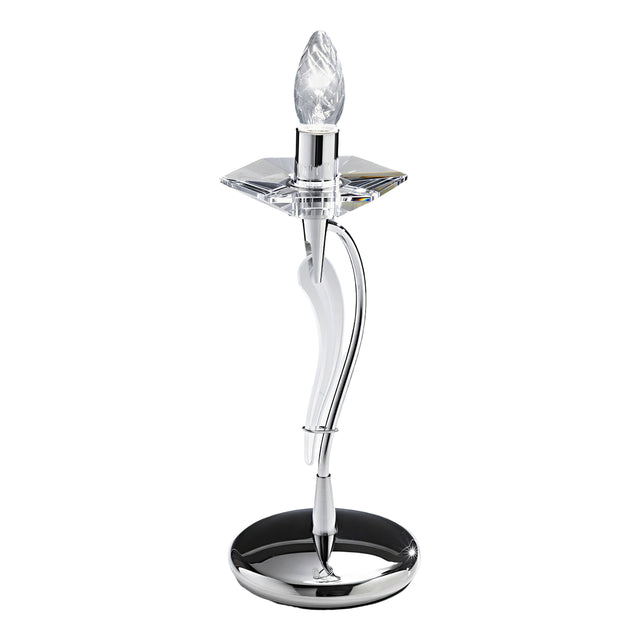 Icaro 1 Light Glass Table Lamp with a curved chrome metal base, crystal-effect glass diffuser, and E14 candle bulb, set on a round mirrored base against a plain white background.