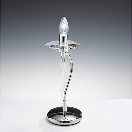 Icaro 1 Light Glass Table Lamp with a curved chrome metal base and clear crystal-style glass diffuser holding a single E14 bulb, shown against a plain grey background.