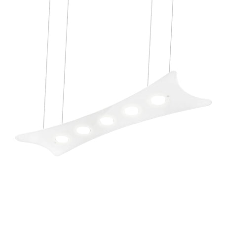 Manta 5 Light Linear Glass Pendant Light in white, an elongated wave-shaped fitting with five recessed glass light sections, suspended on thin cables against a plain white background.