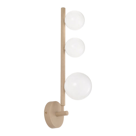 Libra Glass Globe Wall Light with a champagne-finish metal stem and three round white glass globe shades in a vertical arrangement, shown on a plain white background.