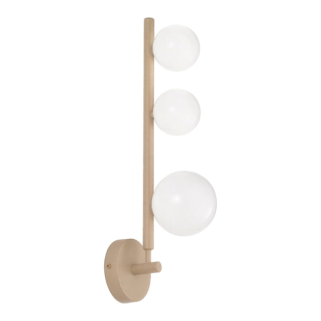 Libra Glass Globe Wall Light with a champagne-finish metal stem and three round white glass globe shades in a vertical arrangement, shown on a plain white background.