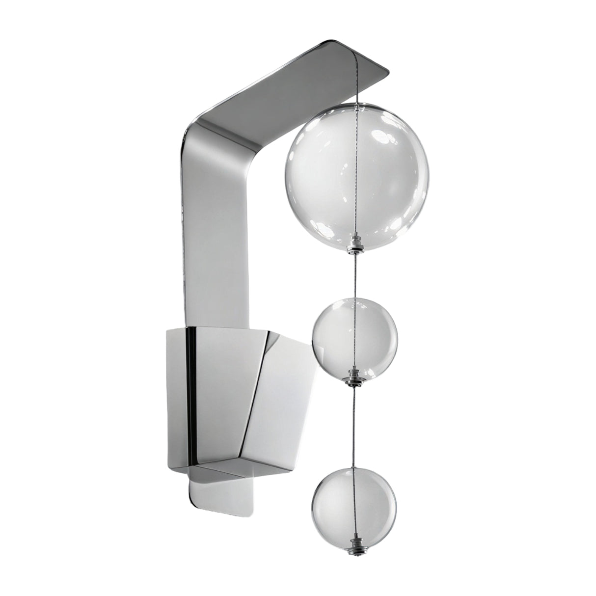 Bolero Bubble Glass Wall Light in chrome, featuring an angular bracket arm with three clear glass spheres suspended in tiers, shown on a plain white background.