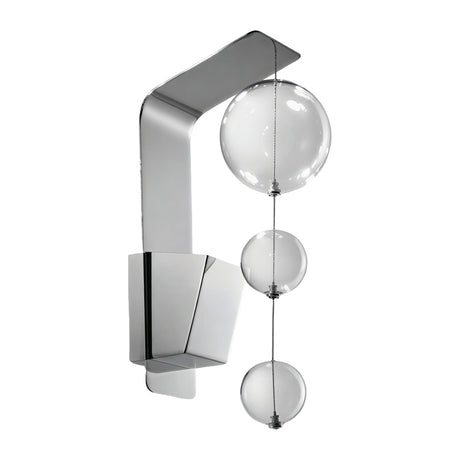 Bolero Bubble Glass Wall Light in chrome, featuring an angular bracket arm with three clear glass spheres suspended in tiers, shown on a plain white background.