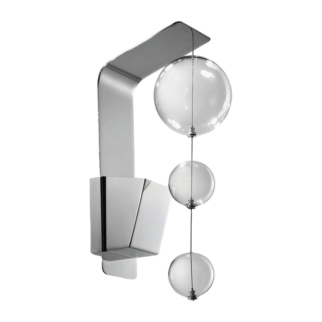Bolero Bubble Glass Wall Light in chrome, featuring an angular bracket arm with three clear glass spheres suspended in tiers, shown on a plain white background.