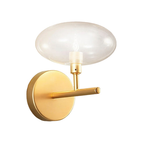 Dolce 20cm glass wall light with a single oval frosted glass shade on a matt gold metal arm and round wall base, shown on a plain white background.