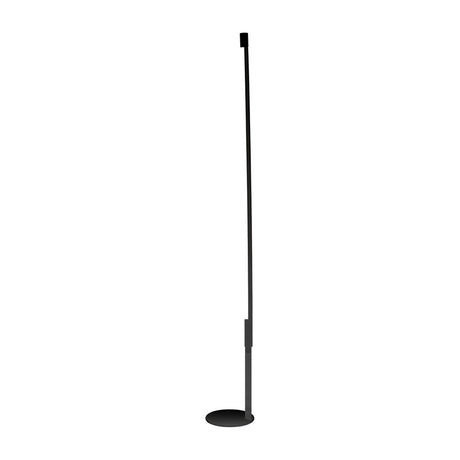 Index 1 Light Cylinder Floor Lamp in matte black, a slim tall metal stem with integrated LED strip and round weighted base, shown on a plain white background.