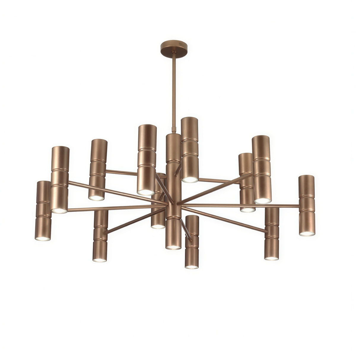 Turbo 13 Light Cylinder Chandelier in bronze-toned metal, featuring thirteen cylindrical GU10 shades radiating from a central rod on a plain white background.