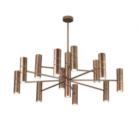 Turbo 13 Light Cylinder Chandelier in bronze-toned metal, featuring thirteen cylindrical GU10 shades radiating from a central rod on a plain white background.