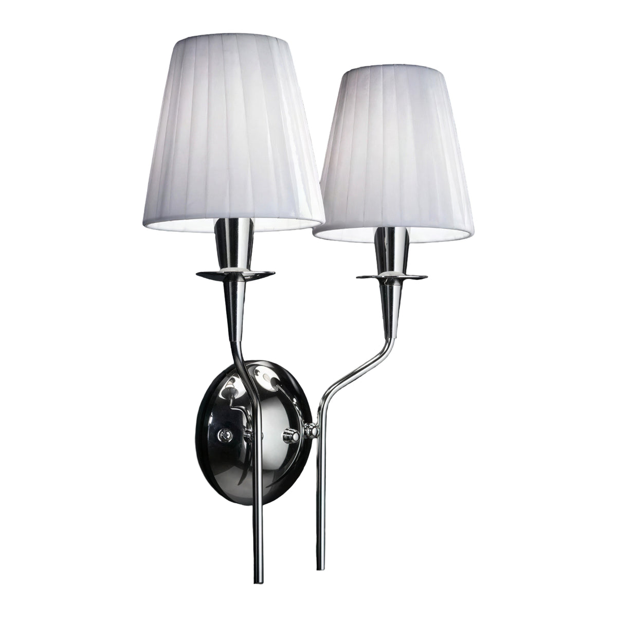 Opera 2 Light Wall Light with chrome metal frame, twin curved arms, and two white pleated fabric shades on candle-style holders, set against a plain white background.