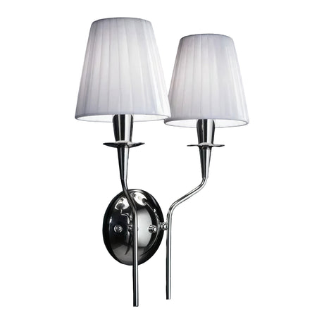 Opera 2 Light Wall Light with chrome metal frame, twin curved arms, and two white pleated fabric shades on candle-style holders, set against a plain white background.