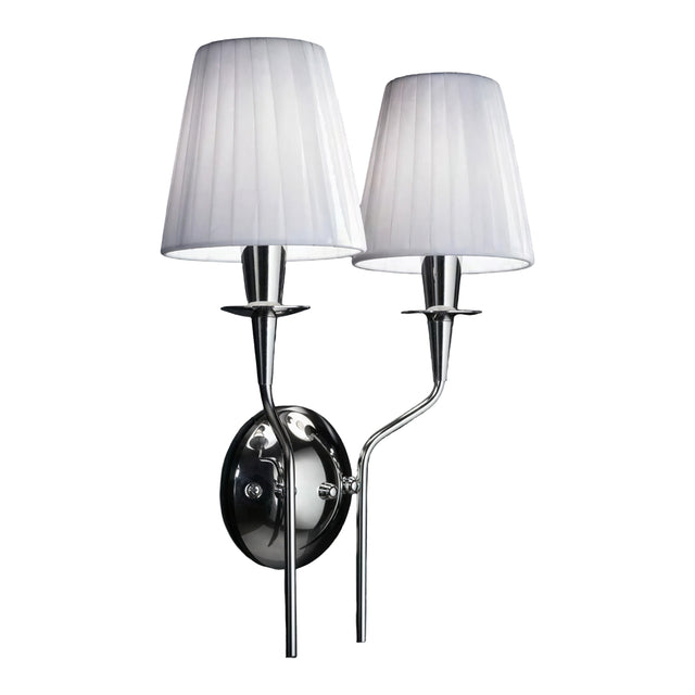 Opera 2 Light Wall Light with chrome metal frame, twin curved arms, and two white pleated fabric shades on candle-style holders, set against a plain white background.