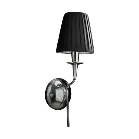 Opera 1 Light Wall Light with a chrome metal frame, curved arm, and black pleated fabric shade, shown on a plain white background.