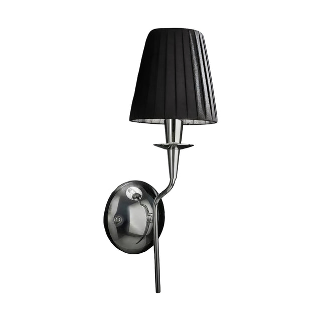 Opera 1 Light Wall Light with a chrome metal frame, curved arm, and black pleated fabric shade, shown on a plain white background.
