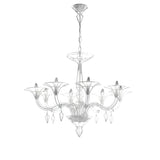 Dedalo 8 Light Chandelier with chrome scrolled metal arms, trumpet-shaped glass shades, and hanging crystal drops, suspended on a chain against a plain white background.