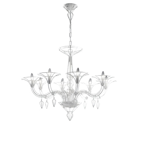 Dedalo 8 Light Chandelier with chrome scrolled metal arms, trumpet-shaped glass shades, and hanging crystal drops, suspended on a chain against a plain white background.