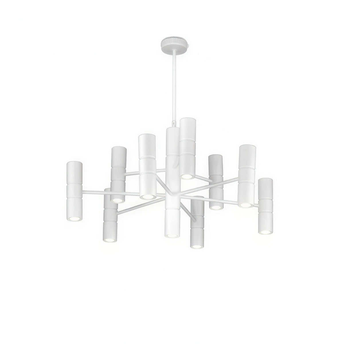 Turbo 10 Light Cylinder Chandelier in white metal, with ten cylindrical GU10 lamp holders radiating from a central rod on a plain white background.