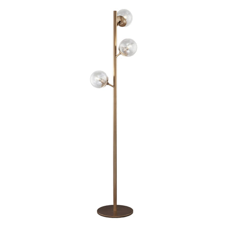 Global 3 Light Globe Floor Lamp with three clear acrylic globe shades on a slender bronze metal stem and round base, shown against a plain white background.