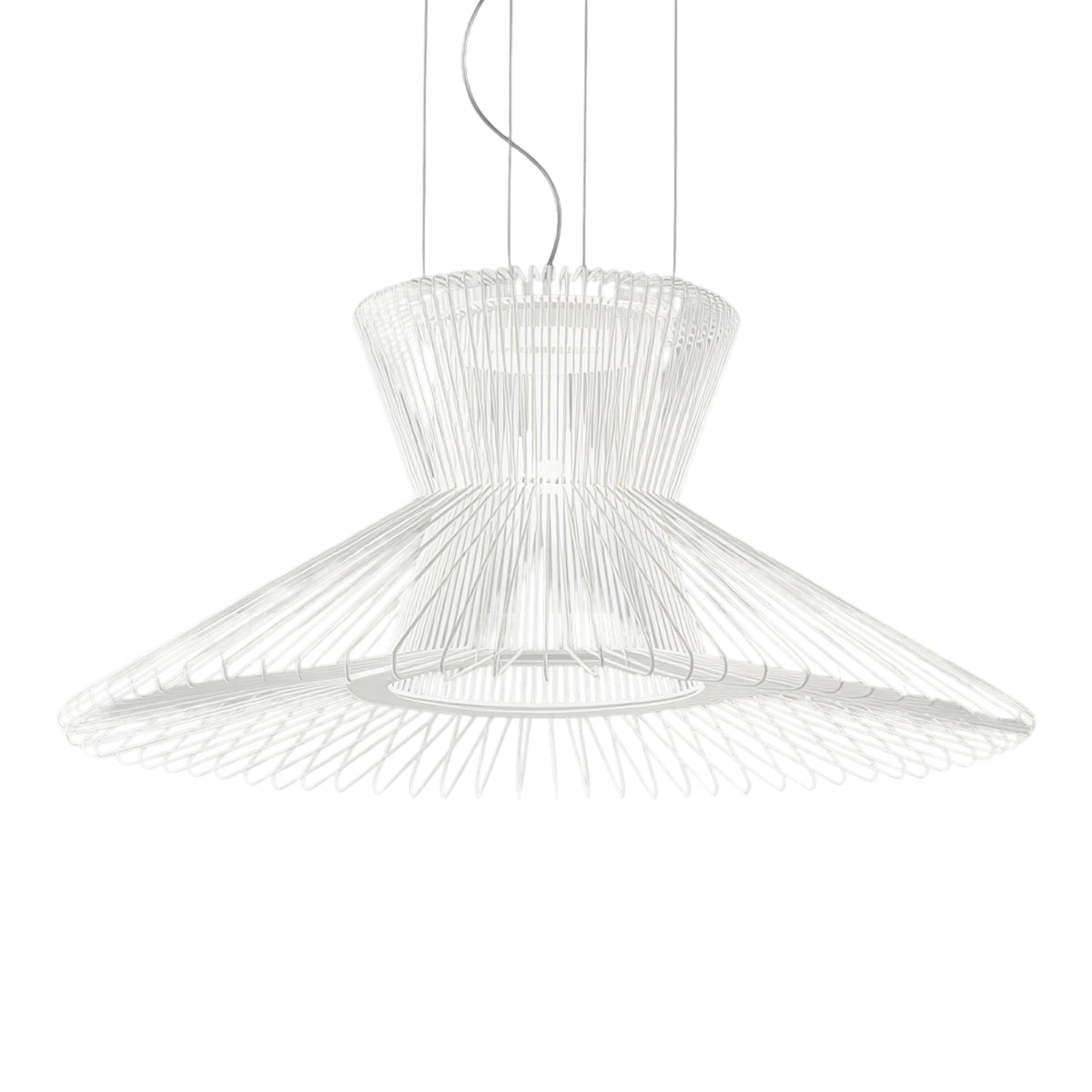Impossible Flared Pendant Light in white woven metal mesh, 105cm diameter with a waisted crown flaring into a wide upturned skirt, on a plain white background.