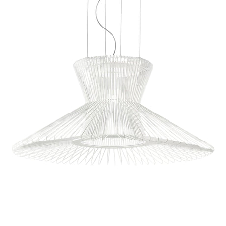 Impossible Flared Pendant Light in white woven metal mesh, 105cm diameter with a waisted crown flaring into a wide upturned skirt, on a plain white background.