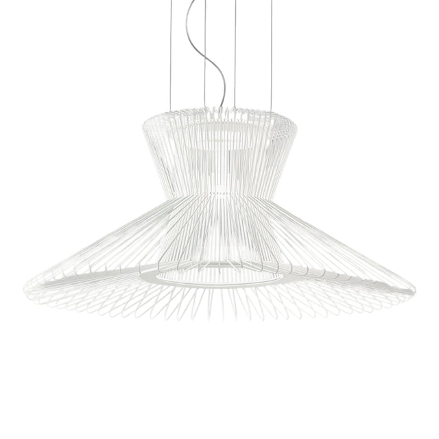 Impossible Flared Pendant Light in white woven metal mesh, 105cm diameter with a waisted crown flaring into a wide upturned skirt, on a plain white background.