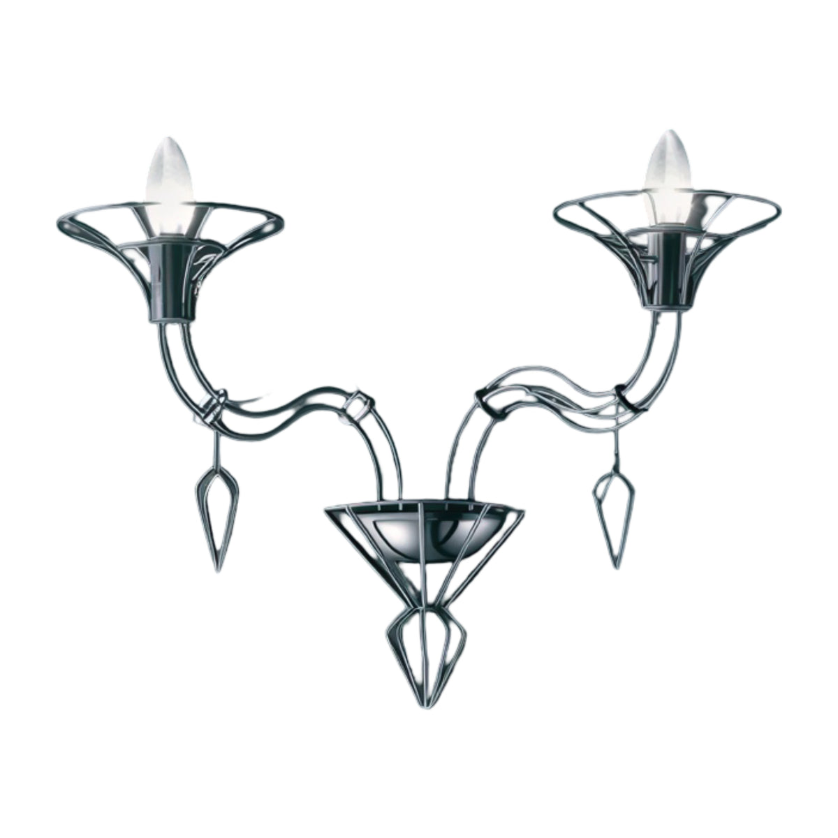 Dedalo 2 Light Wall Light in chrome metal, twin curved arms with flared open shades holding E14 candle bulbs and teardrop glass drops, shown on a plain white background.