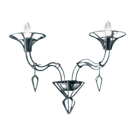 Dedalo 2 Light Wall Light in chrome metal, twin curved arms with flared open shades holding E14 candle bulbs and teardrop glass drops, shown on a plain white background.
