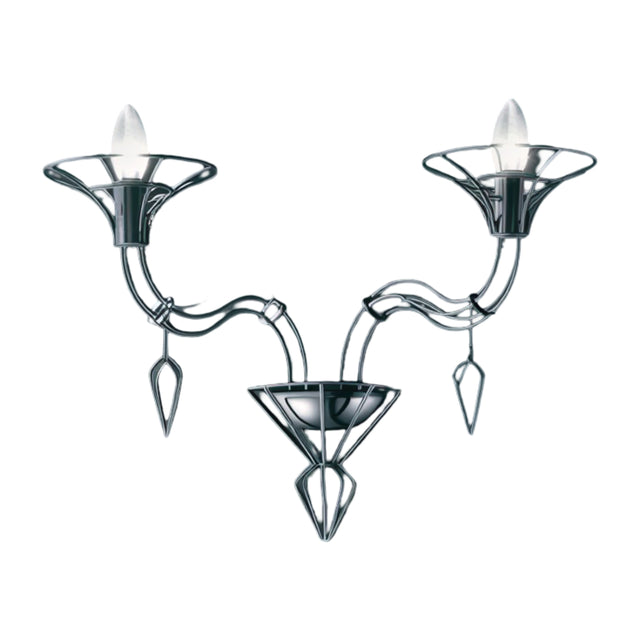 Dedalo 2 Light Wall Light in chrome metal, twin curved arms with flared open shades holding E14 candle bulbs and teardrop glass drops, shown on a plain white background.