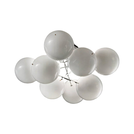 Atom 4 Light Globe Glass Ceiling Light in chrome, a flush fitting with clustered white glass globe shades on a chrome frame, shown against a plain white background.